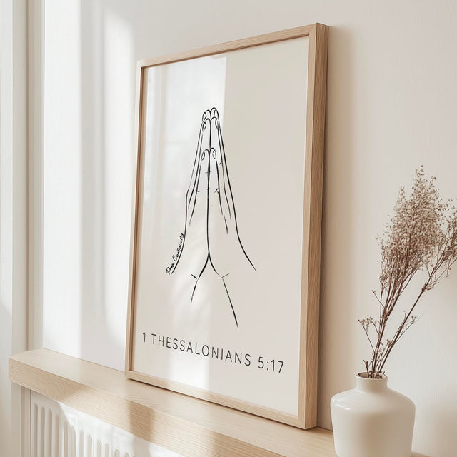 Elegant praying hands line drawing with 1 Thessalonians 5 17 text for peaceful and inspiring decor.