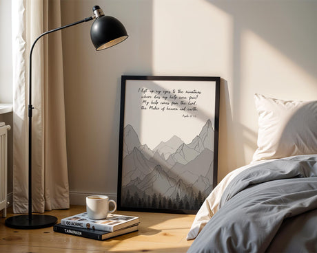Elegant monochrome Bible verse art with Psalm 121 and mountain illustration for spiritual home decoration.