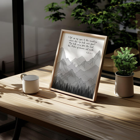 Monochrome Psalm 121 mountain themed print with Bible verse for Christian home inspiration and faith-based decor.