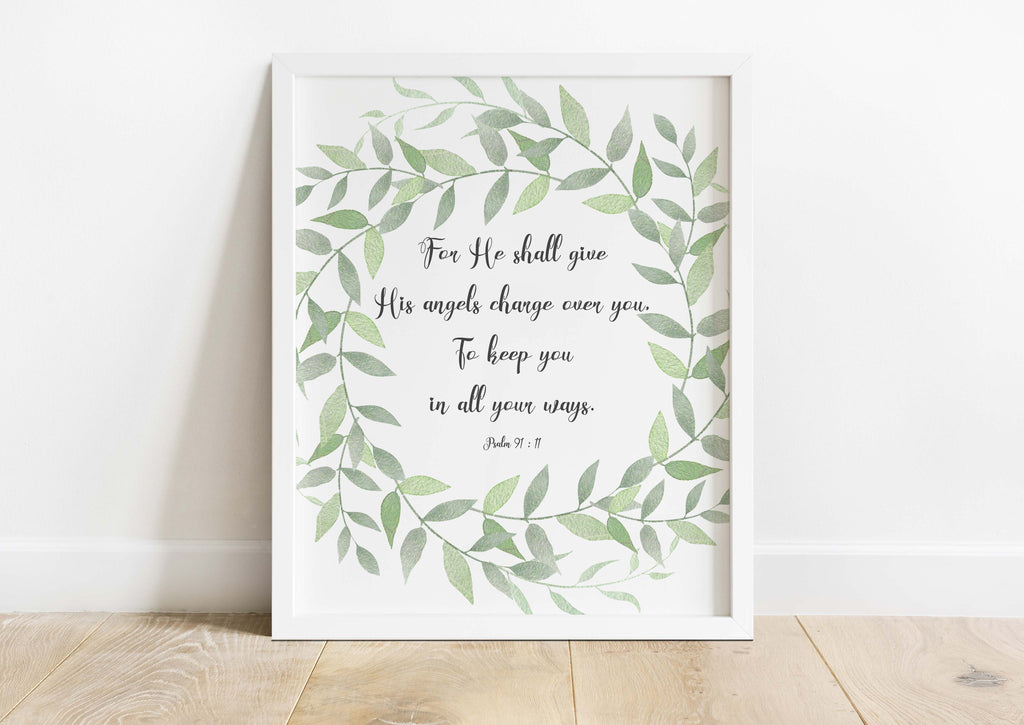 Psalm 91 Wall Decor with Angelic Protection Quote, botanical Green Leaf Wreath Print with Psalm 91:11 Verse