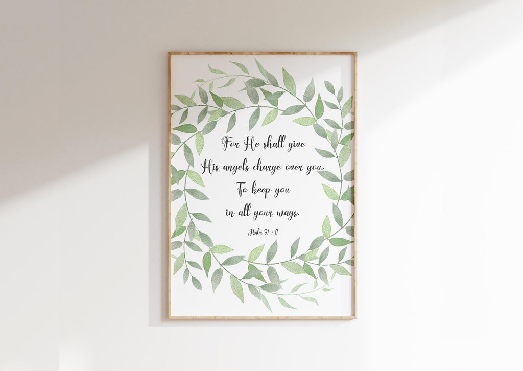 Botanical Christian Wall Art with "He shall give His angels charge over you", Psalm 91:11 Bible Verse Print for Home Decoration