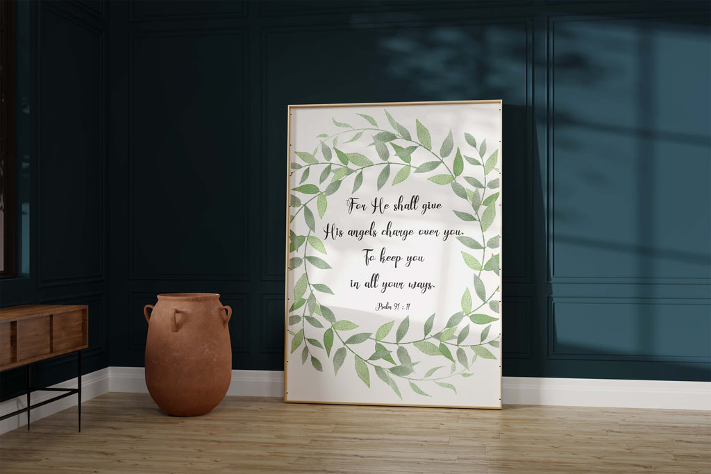 Psalm 91 Wall Decor with Angelic Protection Quote, botanical Green Leaf Wreath Print with Psalm 91:11 Verse
