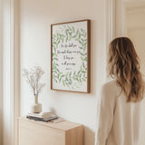 Christian wall art with Psalm 91:11 in a green leaf wreath reminding of angelic protection and divine care.