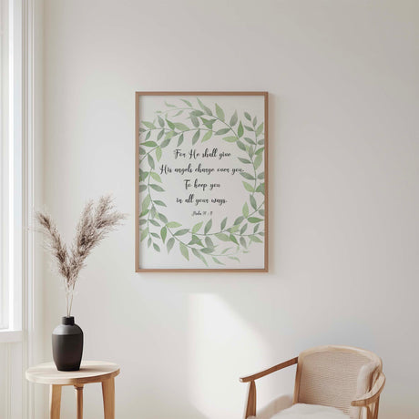 Bible verse wall decor featuring lush green leaves surrounding comforting Psalm 91 scripture for the home.