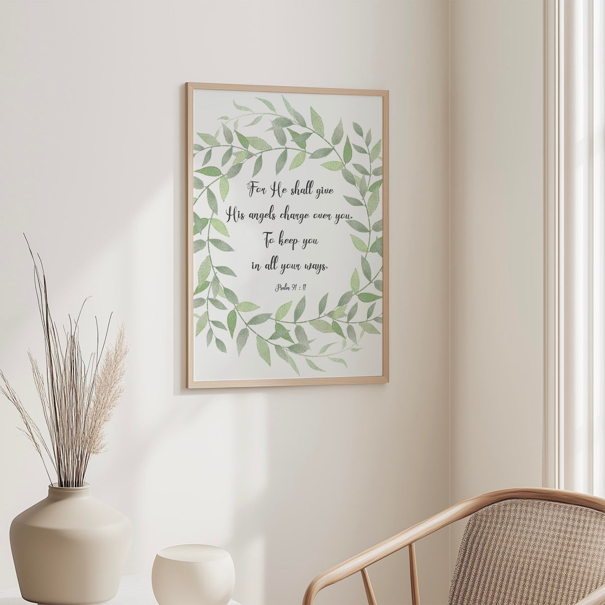 Inspirational Christian art with protective angel promise from Psalm 91:11 displayed in a leafy wreath design.