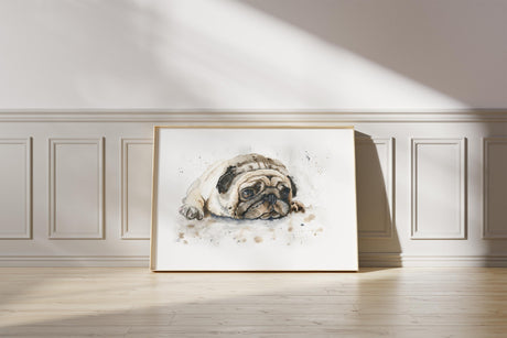 Humorous dog illustration featuring a pug in watercolour