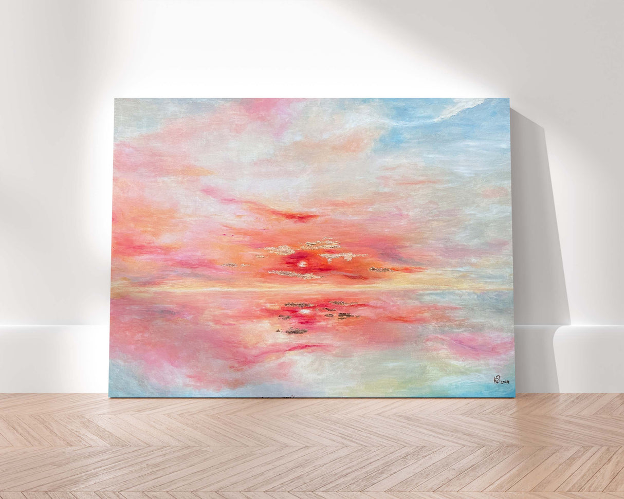 Abstract ocean sunset wall art in pastel shades, ocean sunset painting, Serene beach sunset artwork on canvas