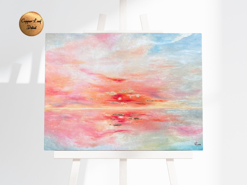 Pink Beach Sunset Painting on Canvas, Abstract Sunset Ocean Wall Art, Pink sunset painting with copper leaf detail