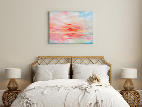 Original acrylic painting of a pink and orange sunset over the sea with shimmering copper leaf detail.
