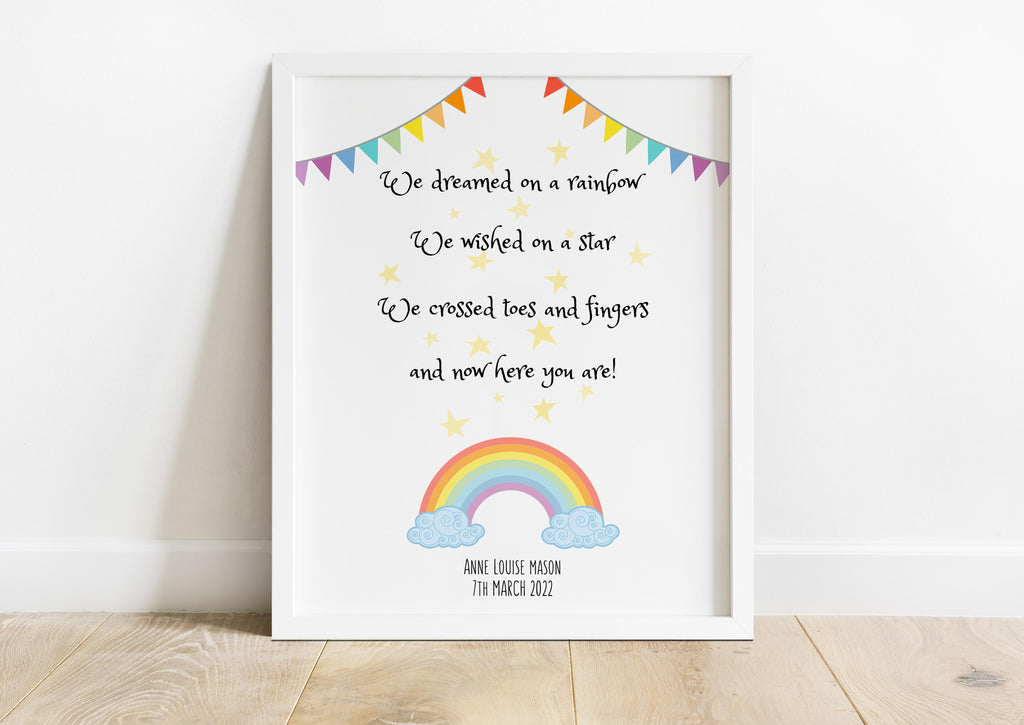 Birth Details Print, Personalised Nursery Gifts, Gift for Rainbow Baby, Rainbow dream nursery wall print, rainbow quote for baby's room