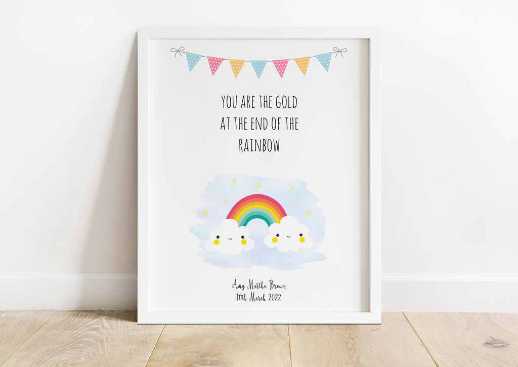 Personalized rainbow print for nursery with unique message and baby's name, Rainbow-themed nursery print with custom quote and personalization
