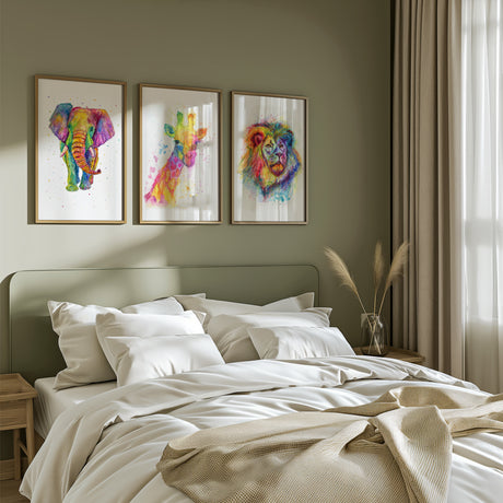 Colourful wildlife print set with a rainbow giraffe, lion, and elephant, perfect for nursery or home decor.