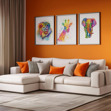 A stunning rainbow-themed animal print set with an elephant, giraffe, and lion in artistic watercolour.