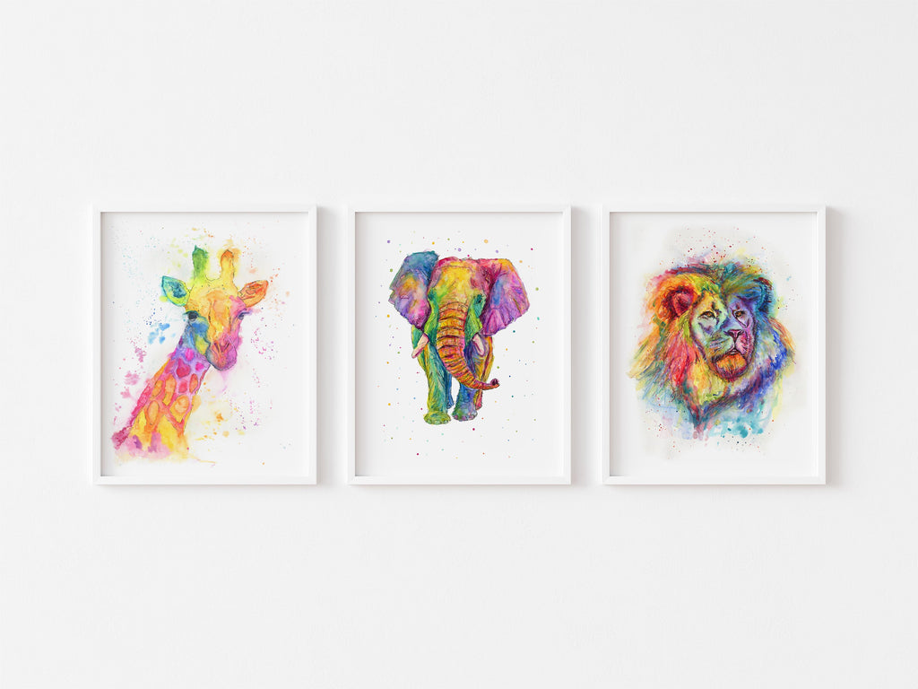 Eye-catching rainbow wildlife art collection, Rainbow animal prints for art enthusiasts, Captivating animal portraits in loose rainbow watercolors