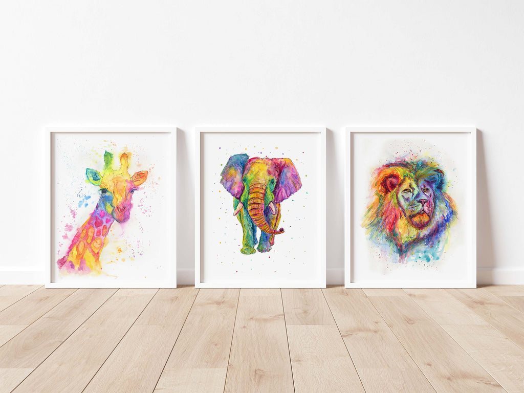 Vibrant watercolor rainbow animal prints, Abstract rainbow animal artwork for walls, Colorful elephant, lion, and giraffe watercolor prints