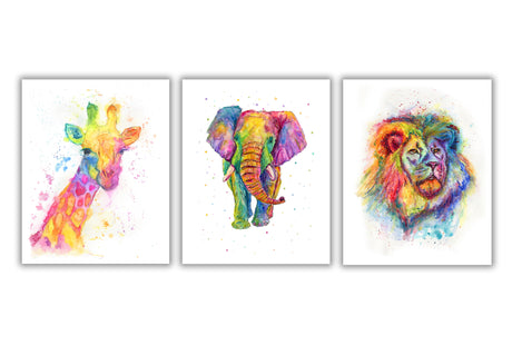A set of three watercolour animal prints in rainbow hues, featuring a majestic elephant, giraffe, and lion.
