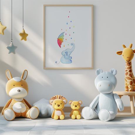 A whimsical watercolor nursery print featuring a blue elephant and rainbow rain.