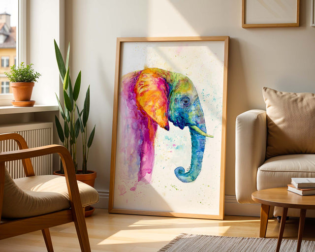 Chasing Rainbows watercolour print of a side-view elephant in flowing rainbow colours.