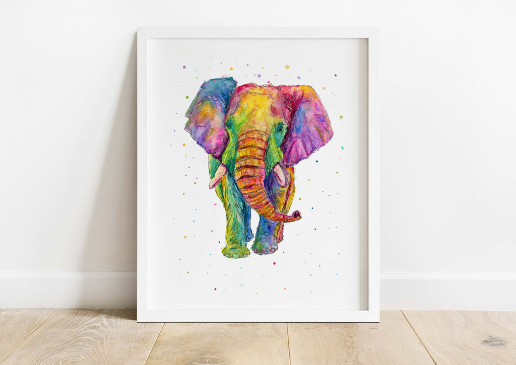Whimsical rainbow elephant painting for nursery decoration, Majestic rainbow elephant fine art print for serene spaces