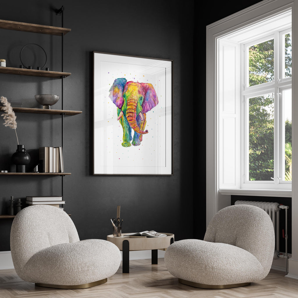 Diverse and vibrant elephant watercolor decor for uplifting ambiance, Unique watercolor elephant print in rainbow hues for art enthusiasts