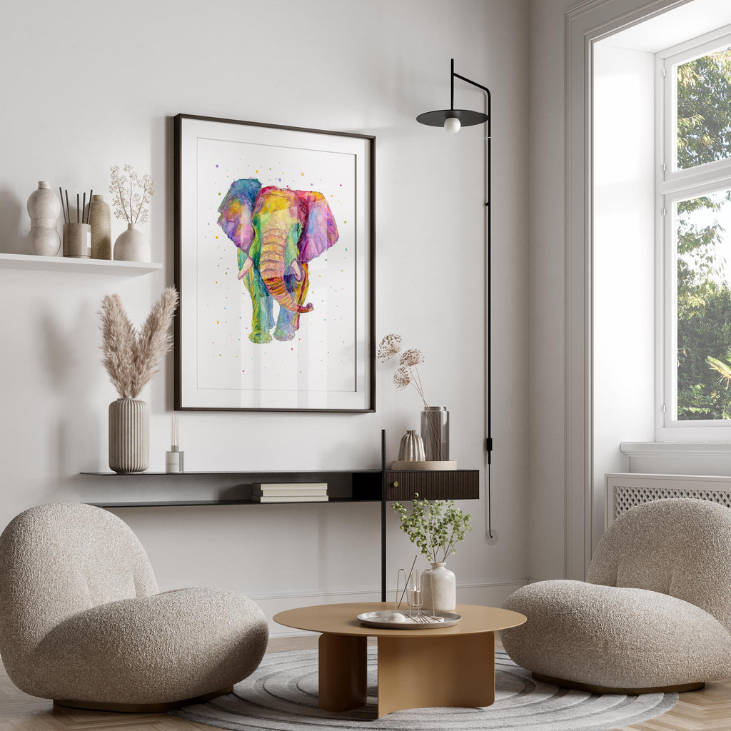 Elephant wall decor in a spectrum of colors for positive vibes, High-quality archival rainbow elephant artwork for lasting beauty