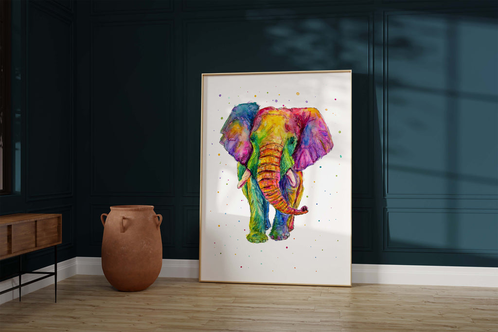 Captivating watercolor elephant masterpiece for stylish interiors, Nature-inspired rainbow elephant print for a touch of magic at home