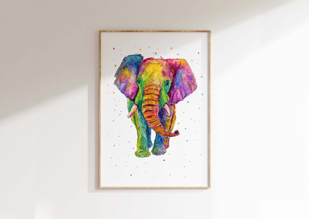 Statement wall art featuring a majestic elephant in vibrant watercolours, Expressive and dynamic rainbow elephant illustration for modern homes