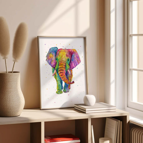 Bold rainbow elephant print with vivid ink details and dynamic colour bursts. Playful rainbow elephant artwork with expressive splashes of watercolour and ink.