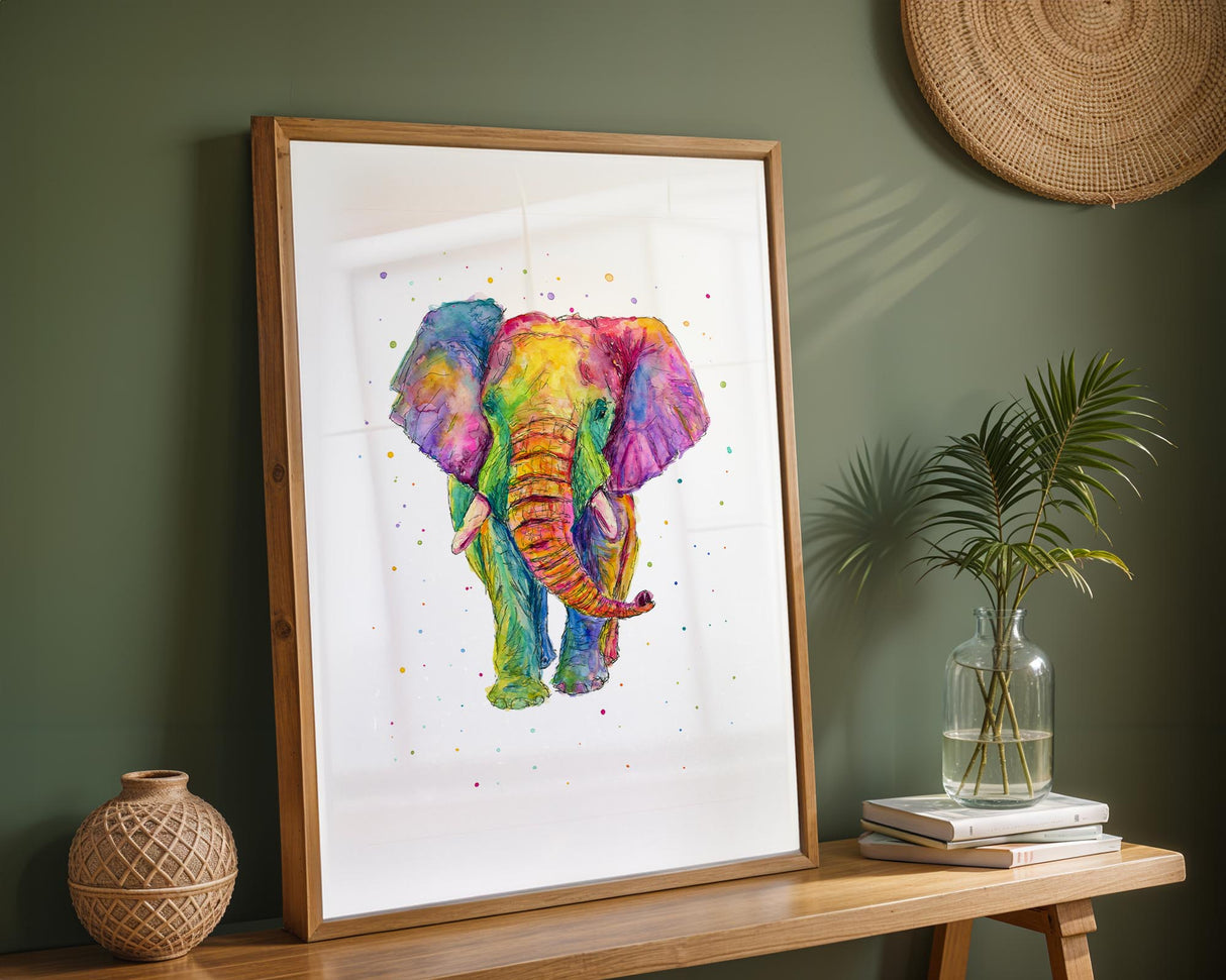 Hand-painted rainbow elephant in ink and watercolour, surrounded by colourful spatters. Elephant print with rainbow colour palette and scattered ink and paint splashes.