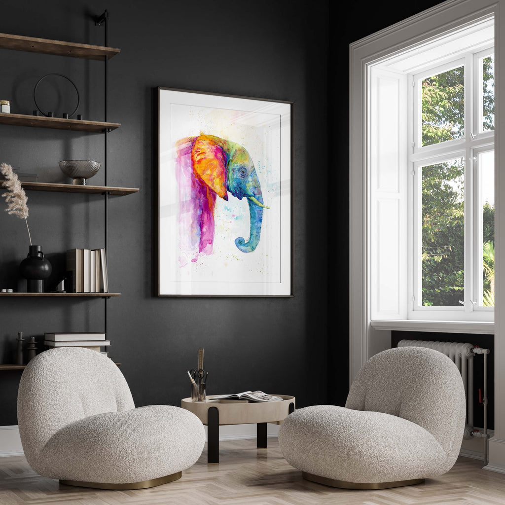 Vibrant side profile elephant print, Watercolor rainbow elephant decor, Elephant silhouette in rainbow colors, Colorful elephant