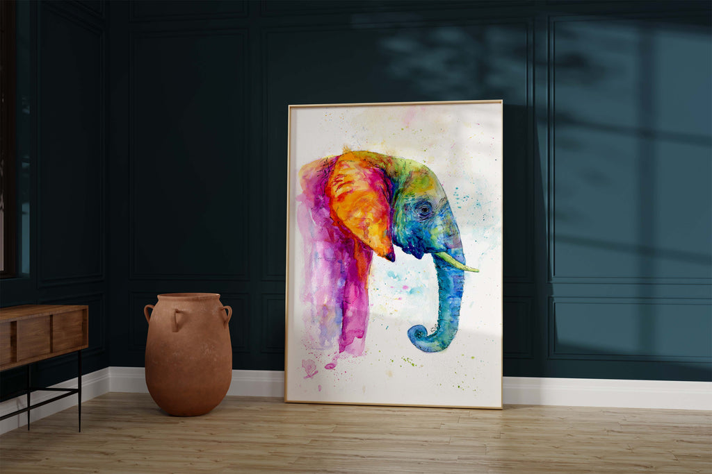 Side view rainbow elephant print watercolor, Colorful rainbow elephant wall art, Elephant in rainbow hues painting, 