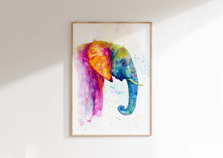 Rainbow Elephant Wall Art Print, Colourful Animal Prints & Posters, Elephant in rainbow hues painting, Colourful Elephant