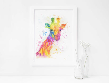 Hand-painted rainbow giraffe print with a joyful, whimsical animal theme. Modern nature wall art print showing a giraffe in a bold, loose rainbow watercolour style.