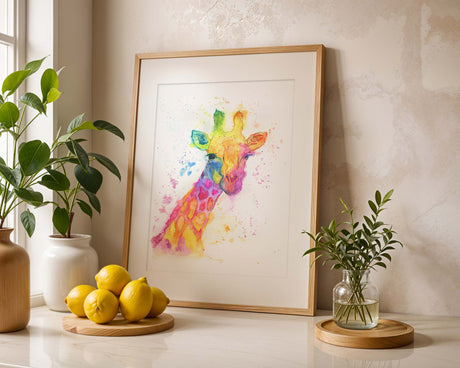 Colourful loose watercolour giraffe art print with a full rainbow palette in soft blended brushstrokes.