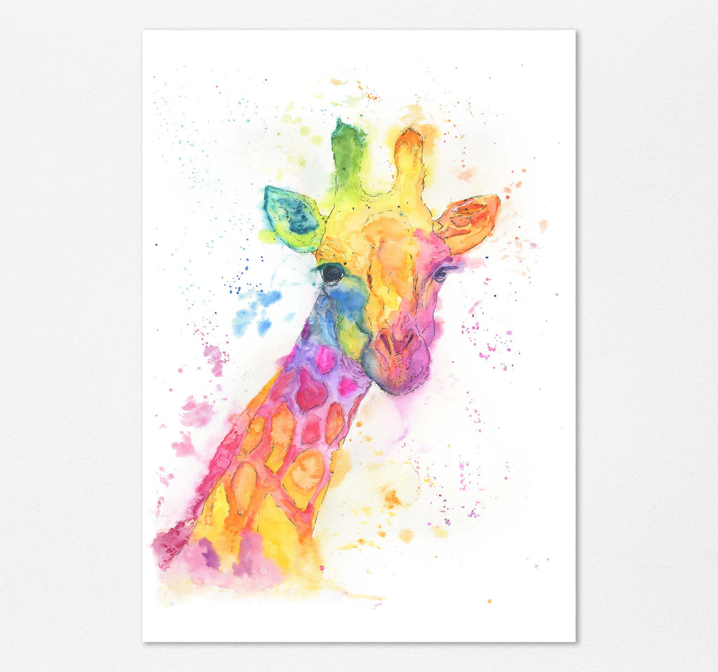 Vibrant giraffe painting with rainbow watercolor effect, Whimsical rainbow colors in loose style giraffe watercolor, loose watercolor giraffe art