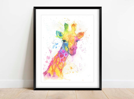 Colorful loose style watercolor giraffe portrait, Rainbow-hued giraffe portrait in loose watercolor style, giraffe watercolor in loose style