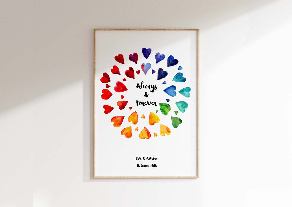 Hand-painted watercolour hearts surrounding personalised wedding quote, Lesbian wedding keepsake with names and date customisation