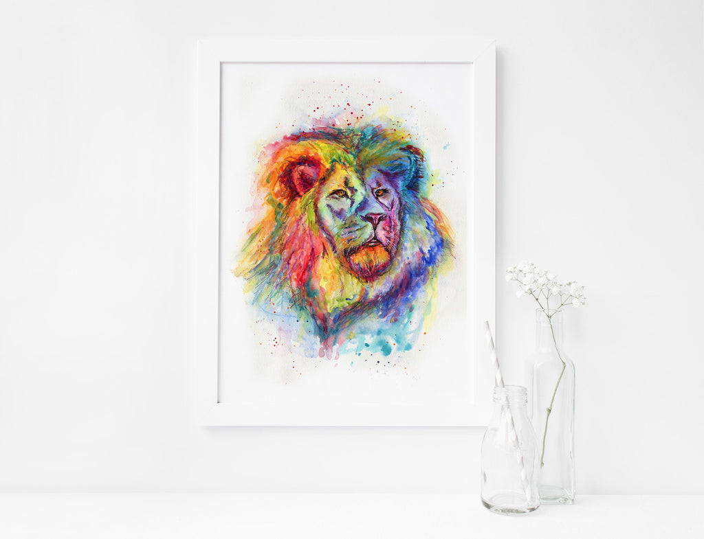 Whimsical rainbow colors in loose style lion watercolor, vibrant rainbow watercolor lion portrait, colourful watercolor lion artwork