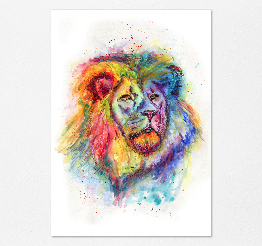 Lion wall art in watercolour with rainbow colors, Colorful lion illustration in watercolor print, Rainbow lion painting print