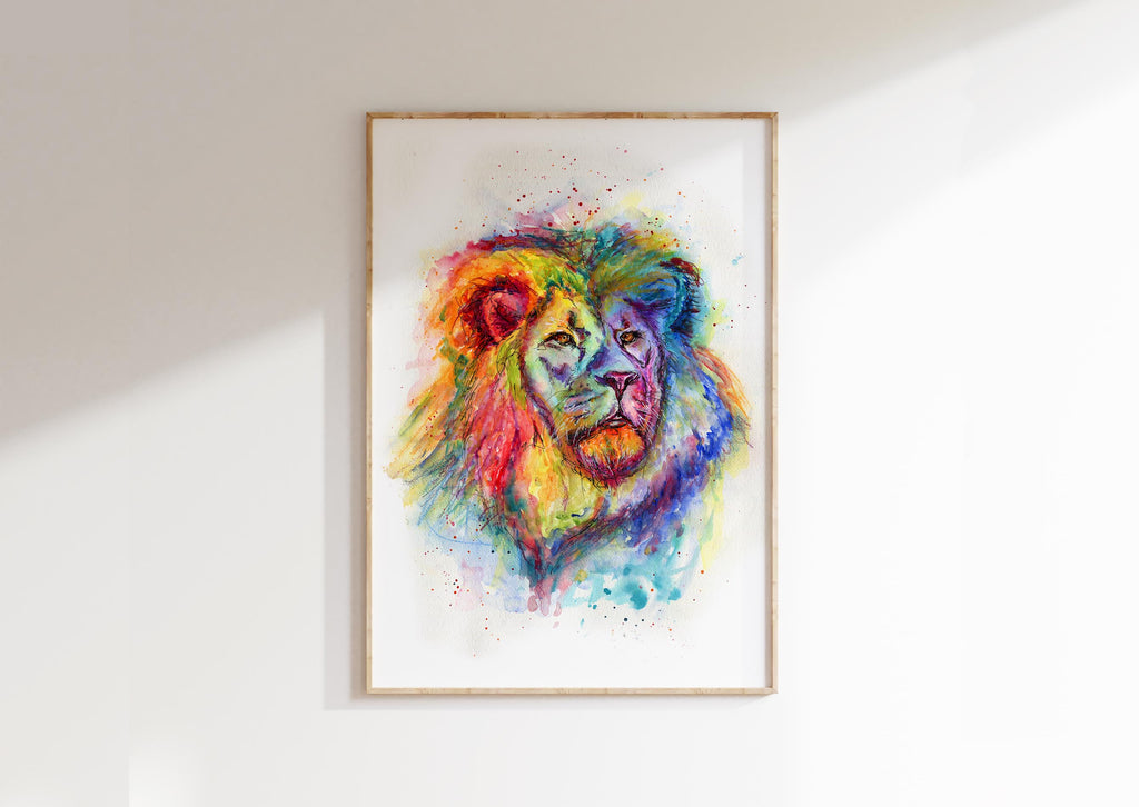 Rainbow Lion Painting Print, Colourful Lion Art, Multicolored Lion Pictures, Colorful loose style watercolor lion portrait