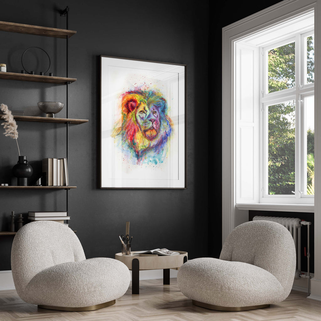Rainbow lion painting print on high-quality art paper, Whimsical watercolour lion in a spectrum of colours, Colorful lion wall decor