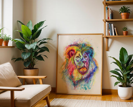 Rainbow lion wall art print in loose watercolour style with red, orange, blue, green, and purple tones.