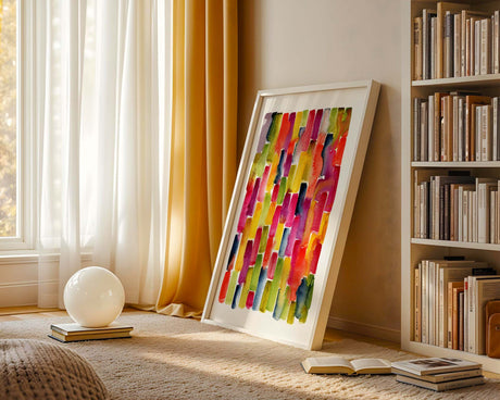 Rainbowfall art print with cascading colours and vibrant energy. Abstract watercolour with bold rainbow colours in vertical brush patterns.