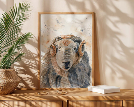 Front-facing Herdwick ram head in loose watercolour style, perfect for rustic farmhouse wall art.
