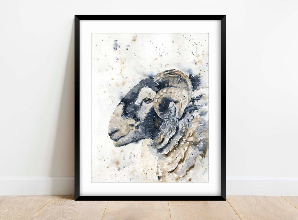 Nature-inspired charm: watercolour print for farmhouse kitchen spaces, Tranquil pastoral elegance with side profile Herdwick sheep art