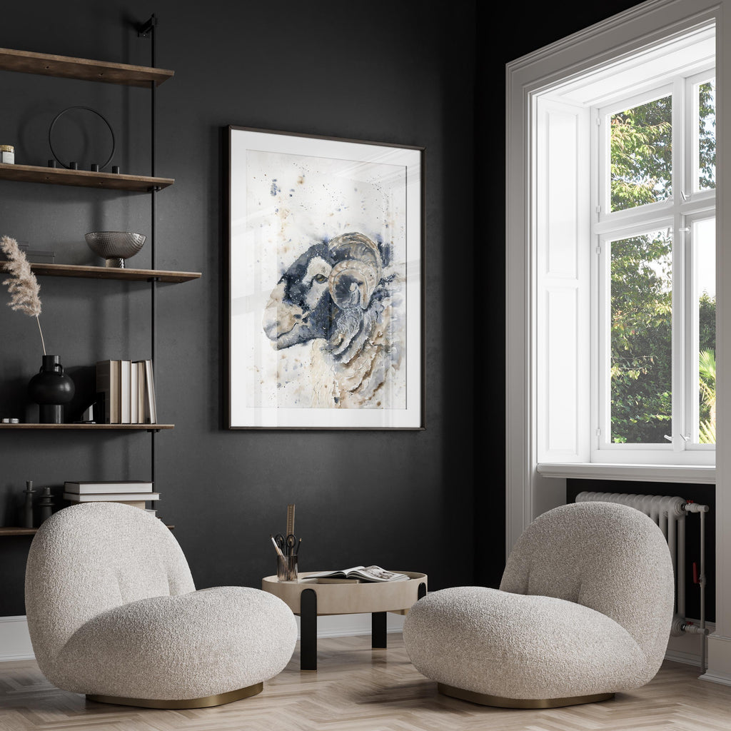 Captivating rustic room decor with side profile sheep art, Charming watercolour Herdwick sheep print for farmhouse aesthetics