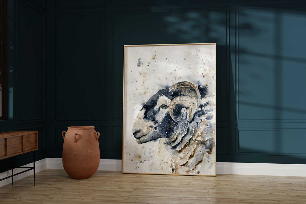 Loose watercolour sheep art for modern farmhouse living room decor, Farmhouse kitchen ideas with rustic sheep ram watercolour print