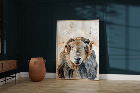 Rustic ram watercolour wall art for home decor, Farmhouse style Herdwick sheep painting in watercolour, Loose watercolour ram head artwork