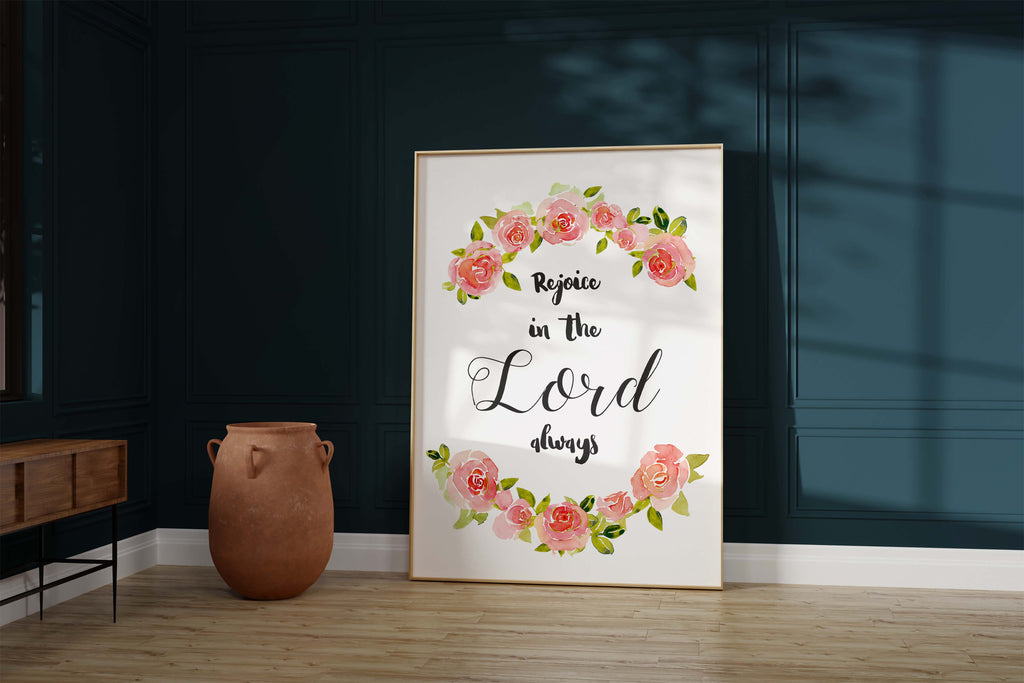 Nature-inspired wall art with Philippians verse, Uplifting home decor with 'Rejoice in the Lord'