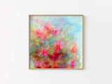 Soft abstract floral art in vibrant pinks, blues, and oranges, evoking spring blossoms.